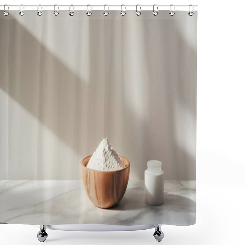 Personality  A Wooden Bowl Filled With Flour On A Marble Countertop, Beside A Small White Jar. Shower Curtains