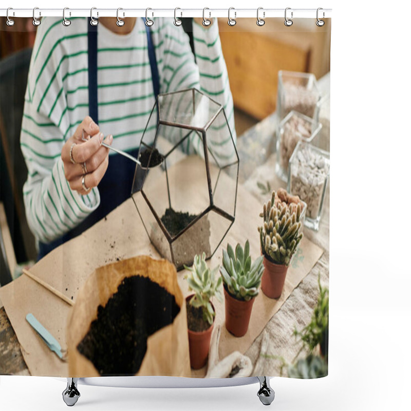 Personality  Hands Explore Soil And Plants While Crafting Mini Succulents In A Lively Workshop Setting. Shower Curtains