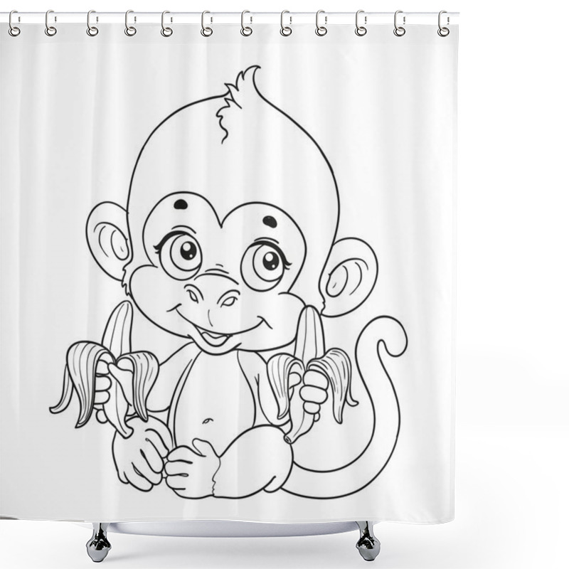 Personality  Cute Baby Monkey With Banana Outlined Isolated On A White Backgr Shower Curtains