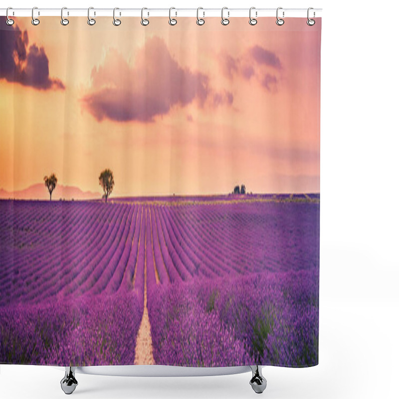 Personality  Wonderful Nature Landscape, Amazing Sunset Scenery With Blooming Lavender Flowers. Moody Sky, Pastel Colors On Bright Landscape View. Floral Panoramic Meadow Nature In Lines With Trees And Horizon Shower Curtains