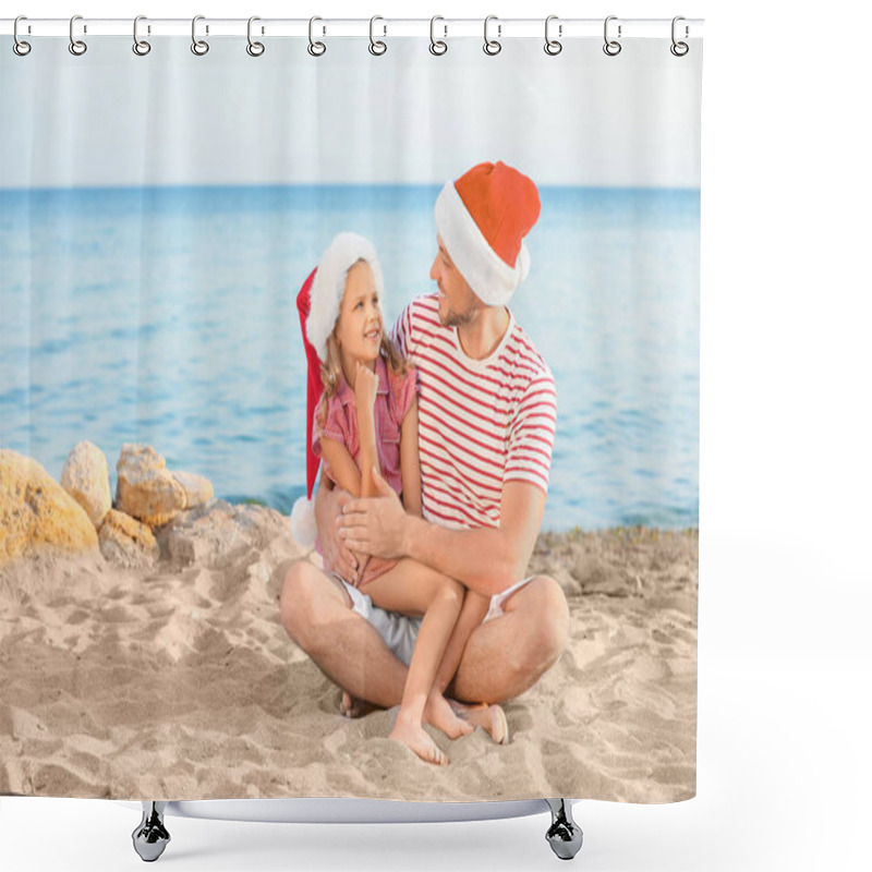 Personality  Happy Father And Daughter Celebrating Christmas At Tropical Resort Shower Curtains