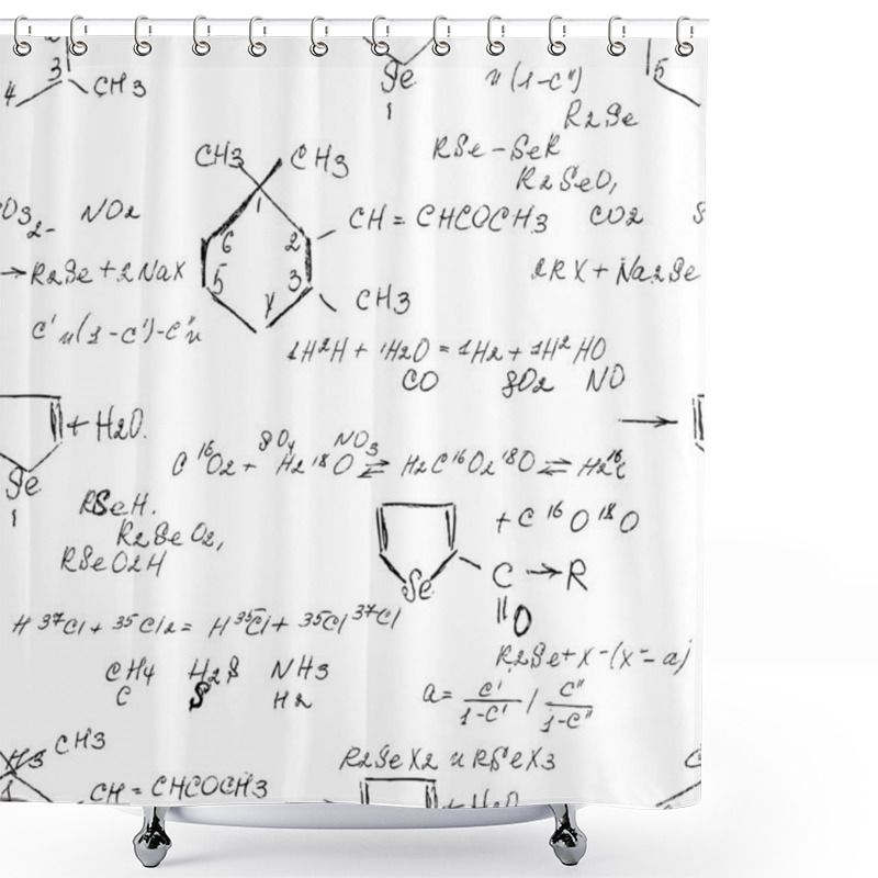 Personality  Chemistry Seamless Pattern With Handwriting Of Various Formulas And Molecules Structures And Diagrams. Atom Geometry. College Lectures. Scientific Study As Former Alchemy. Vector. Shower Curtains