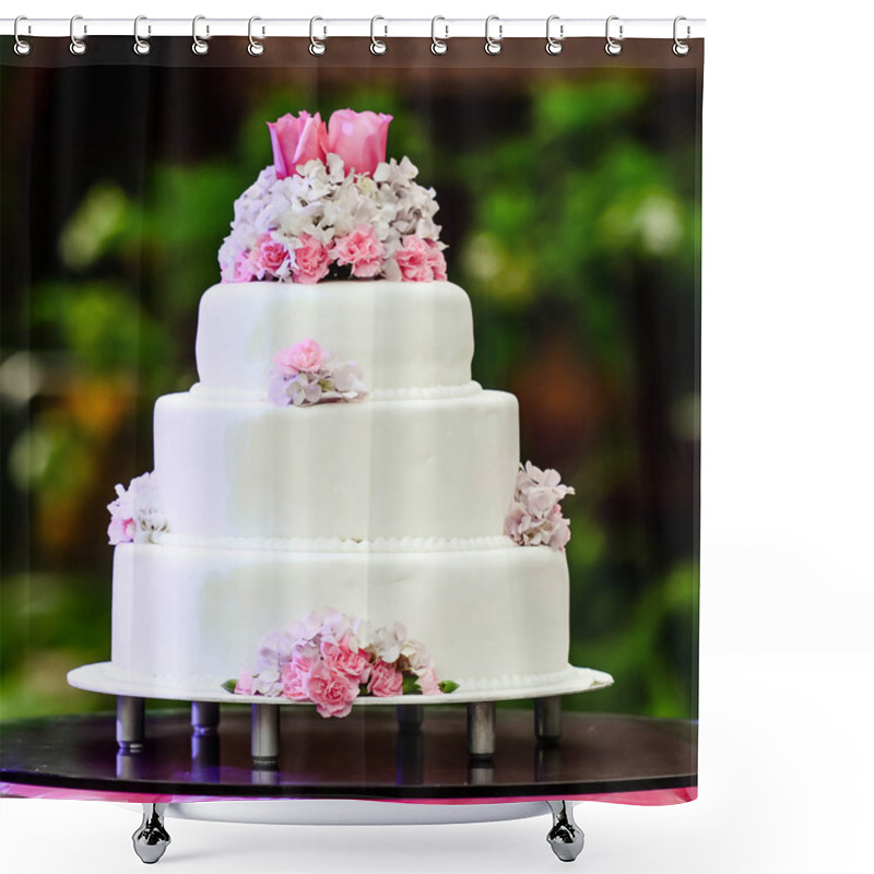 Personality  White Four Tiered Wedding Cake On Table Shower Curtains