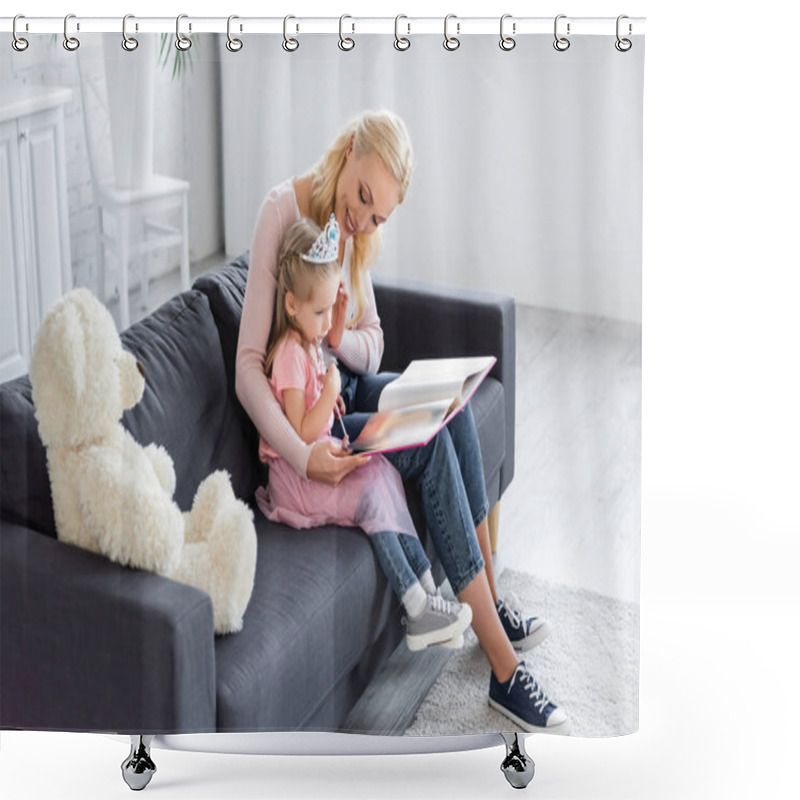 Personality  Smiling Mother Touching Hair Of Girl In Toy Crown While Sitting On Sofa With Book Shower Curtains