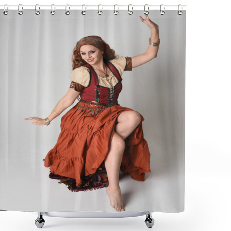 Personality  Full Length Portrait Of Beautiful Red Haired Woman Wearing A Medieval Maiden, Fortune Teller Costume.  Sitting Pose, With Gestural Hands Reaching Out. Isolated On Studio  Shower Curtains