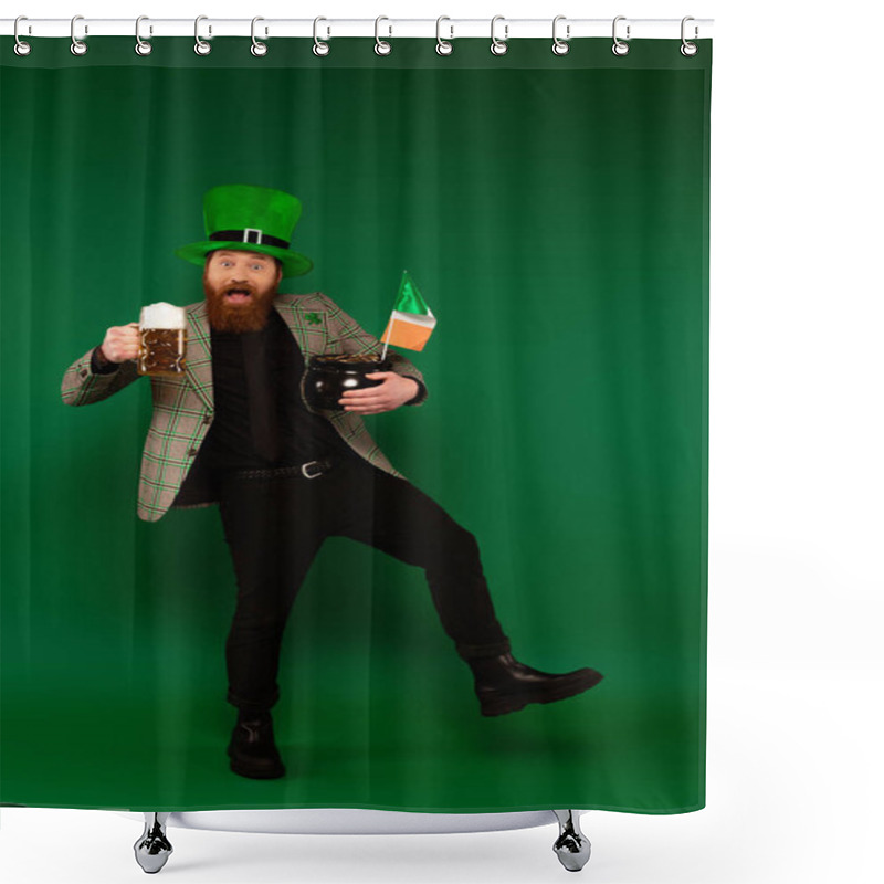 Personality  Excited Man In Hat Holding Beer And Pot With Coins And Irish Flag On Green Background  Shower Curtains