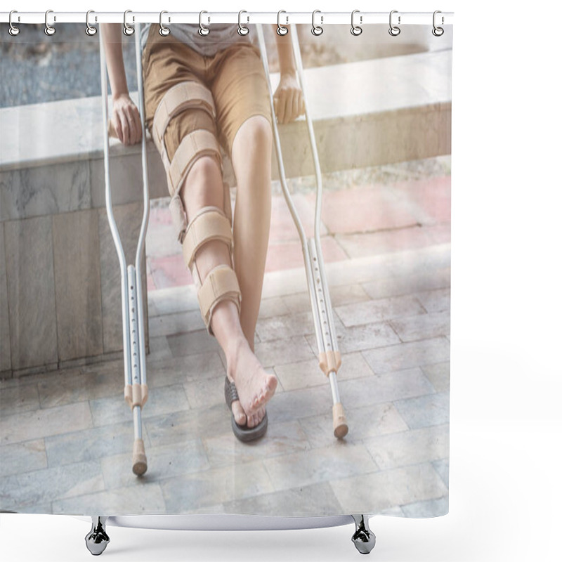 Personality  Asian Woman Sit On Bench With Walking Stick And Knee Brace Support Surgery Right  Knee In Recovery Time. Shower Curtains