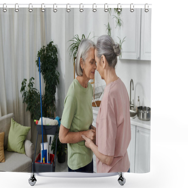 Personality  A Mature Lesbian Couple In Their Modern Apartment, One Woman Leans In For A Loving Embrace. Shower Curtains