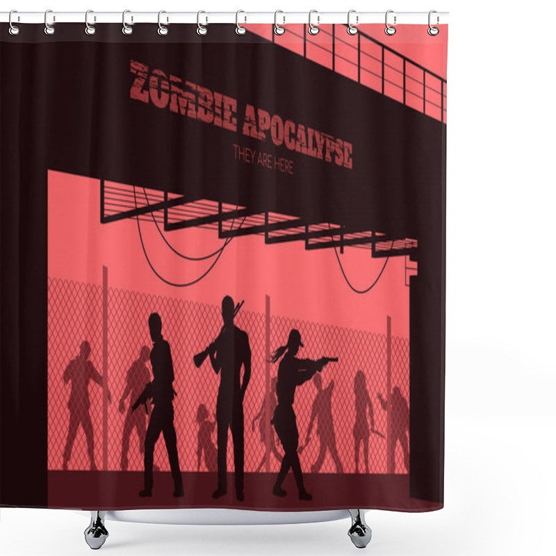 Personality  Poster Zombie Apocalypse. Silhouettes Of Gunmans And Dead Peoples On Bridge Background. Video Game: Shooter. Horror Thriller. Nightmare Monsters Shower Curtains