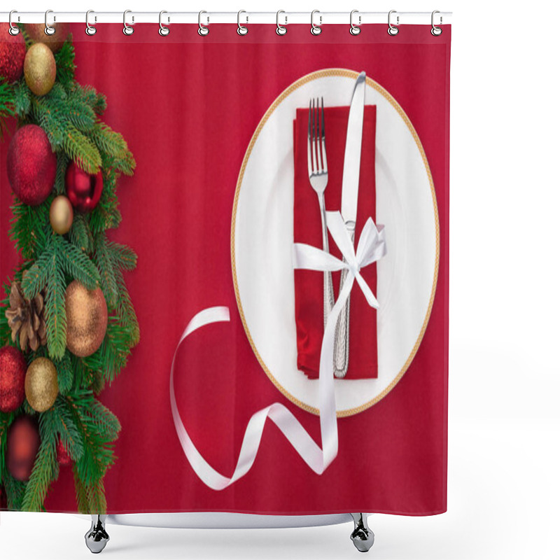 Personality  Top View Of Fork And Knife Wrapped By Festive Ribbon On Plate Near Evergreen Tree Branches With Christmas Balls Isolated On Red Shower Curtains