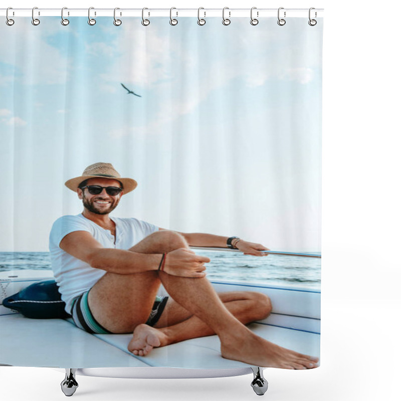 Personality  Young Man Enjoying A View Of The Sea From The Boat Shower Curtains