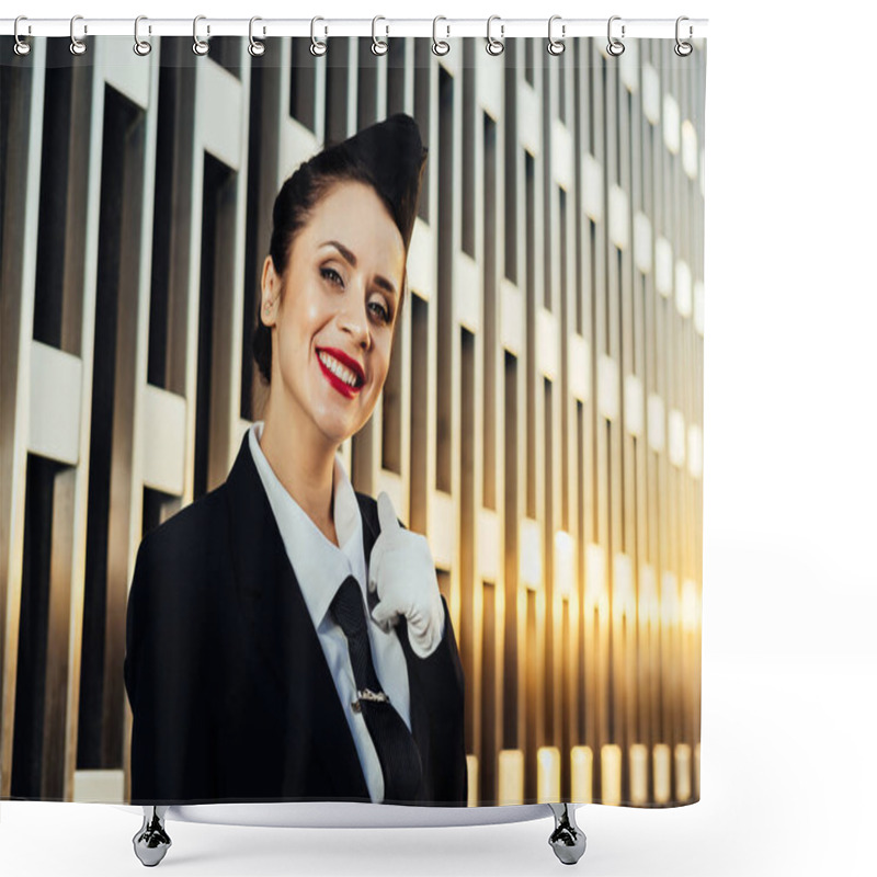 Personality  Happy Woman Stewardess In Uniform Posing At Camera Shower Curtains