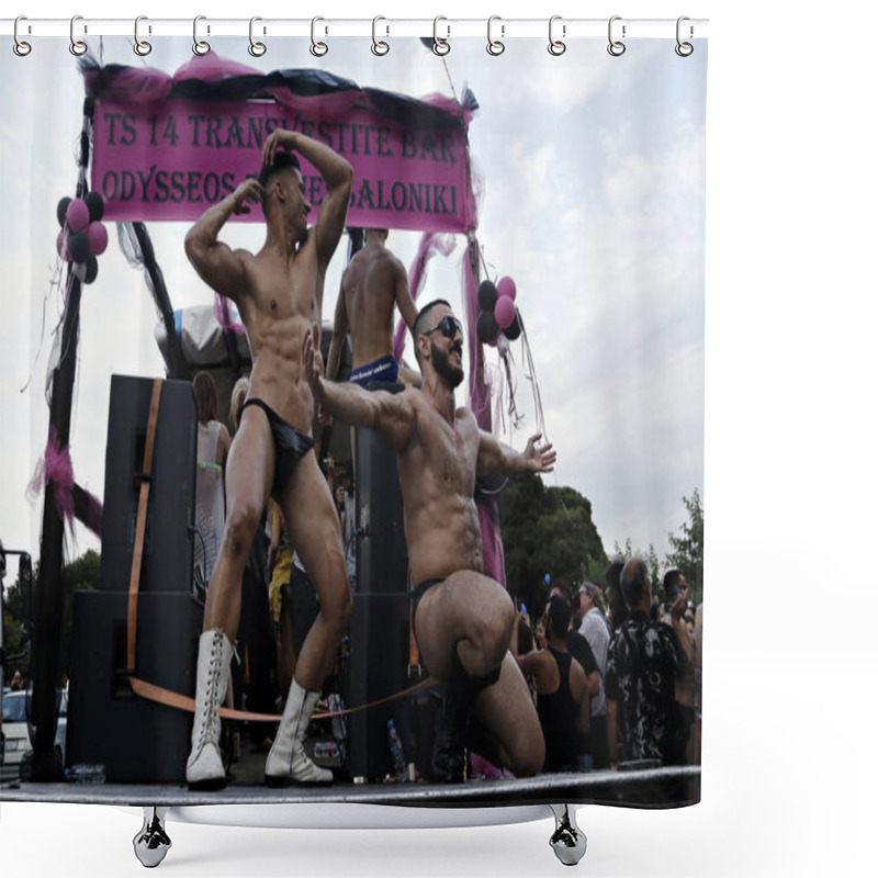 Personality  Participants Carry The Rainbow Flag As They March During The Gay Pride Parade In Thessaloniki, Greece On June 20, 2015 Shower Curtains