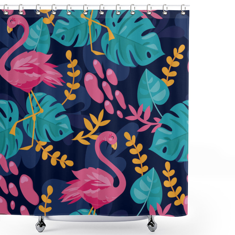 Personality  Seamless Background With Pink Flamingo And Monstera Leaves, Cartoon Flat Style And Bright Palette, Vector Illustration Shower Curtains