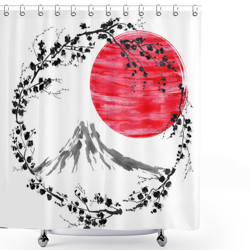 Personality  Oriental  Traditional Sumi-e Painting. Fuji Mountain, Blossom Sakura,  Sunset. Japan Sun. Watercolor And Ink Illustration Shower Curtains