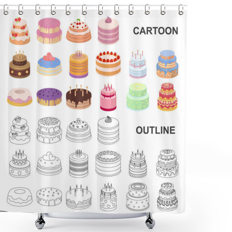 Personality  Cake And Dessert Cartoon Icons In Set Collection For Design. Holiday Cake Vector Symbol Stock Web Illustration. Shower Curtains