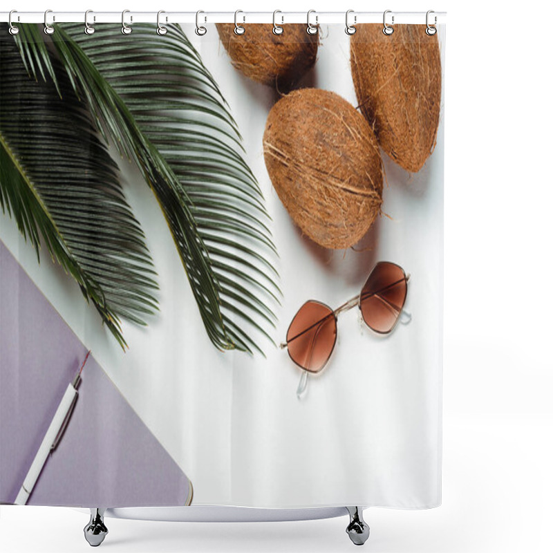 Personality  Top View Of Green Palm Leaves, Sunglasses, Coconuts And Notepad On White Background Shower Curtains