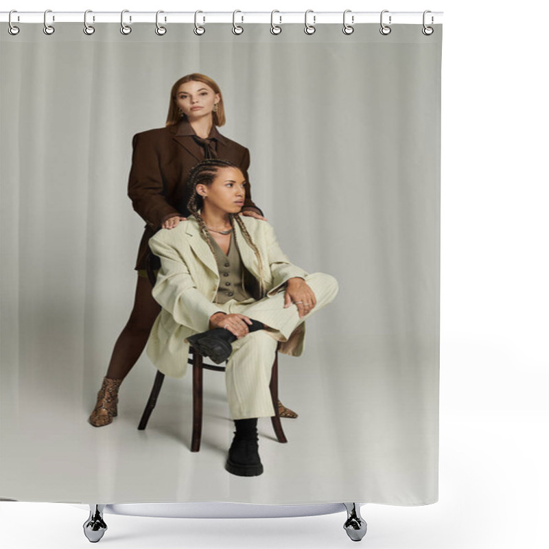 Personality  A Beautiful Couple In Autumn Attire Enjoys Each Others Presence With Playful Smiles And Warmth. Shower Curtains