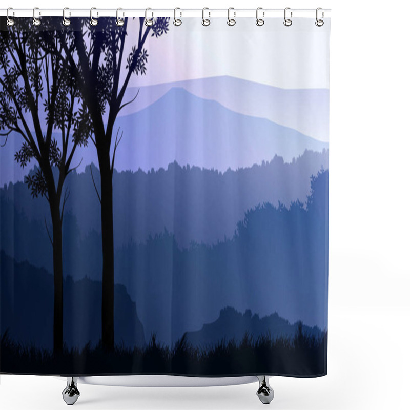 Personality  Natural Forest Mountains Horizon Hills Silhouettes Of Trees. Evening Sunrise And Sunset. Landscape Wallpaper. Illustration Vector Style. Colorful View Background. Shower Curtains