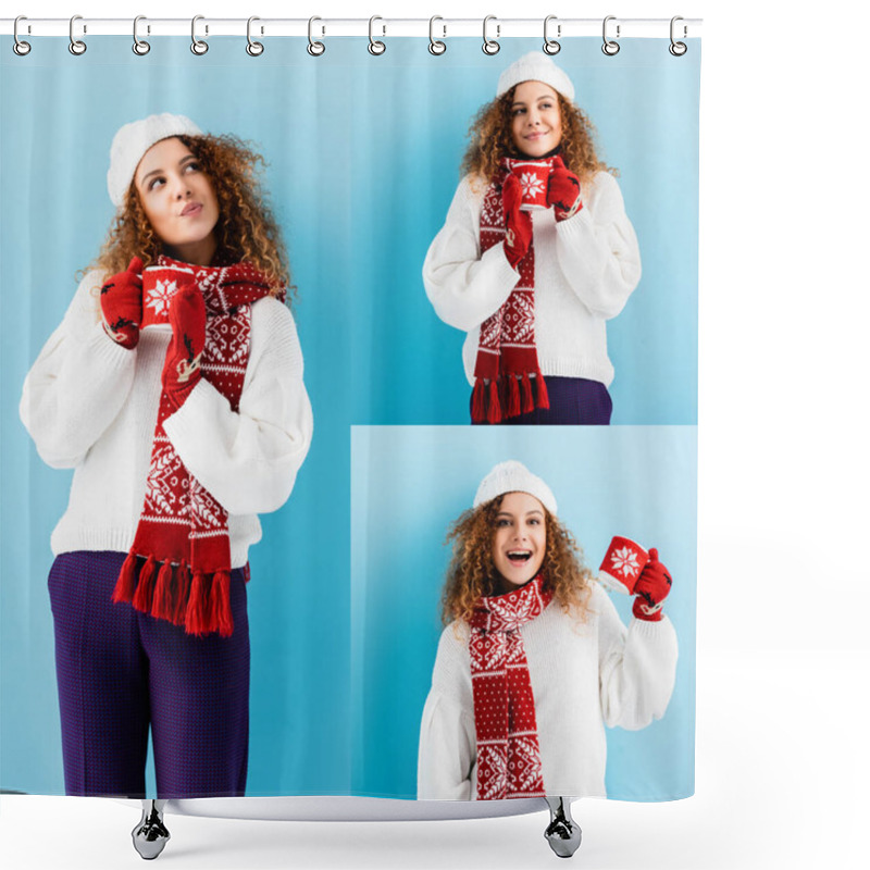 Personality  Collage Of Curly Young Woman In Hat And Sweater Holding Cup Of Tea In Knitted Holder On Blue  Shower Curtains