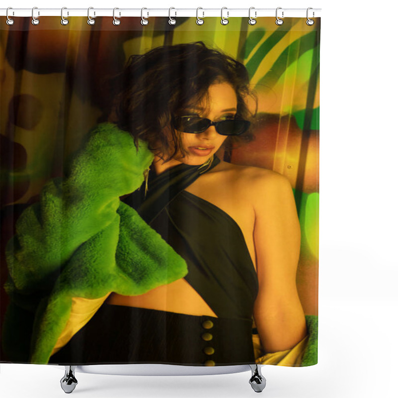 Personality  Stylish Young Asian Woman In Sunglasses And Faux Fur Jacket Standing Near Graffiti In Night Club Shower Curtains