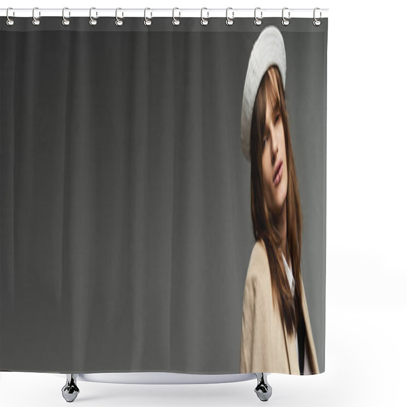 Personality  A Young Man In Fashionable Attire Poses With An Air Of Confidence In A Minimalistic Setting. Shower Curtains