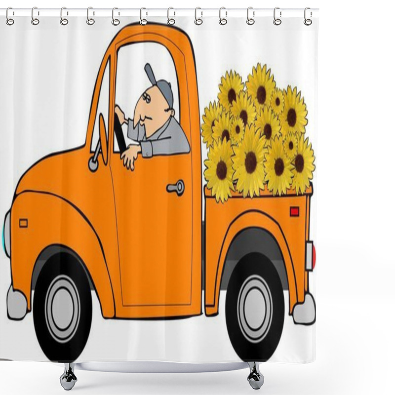 Personality  Illustration Of A Man Driving An Old Orange Pickup Truck Full Of Giant Sunflowers. Shower Curtains