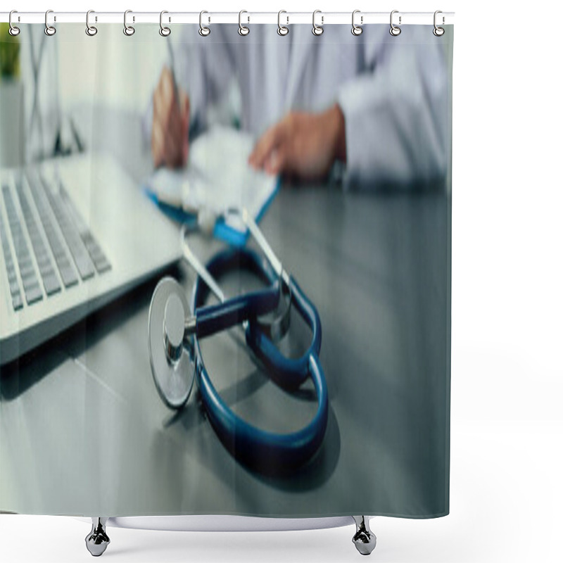 Personality  Focus Stethoscope On Doctor Office With Blurred Background Of Doctor Reviewing Medical Report And Diagnosing Illness For Effective Healthcare Treatment Plan For Patient. Neoteric Shower Curtains