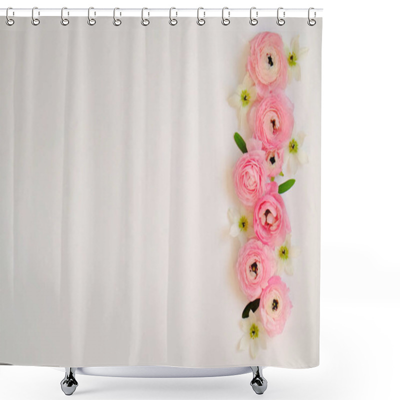 Personality  Studio Shot Of Beautiful Bouquet Of Pale Pink Ranunculus Flowers With Visible Petal Texture. Close Up Composition With Bright Patterns Of Flower Buds. Top View, Isolated, Copy Space. Shower Curtains