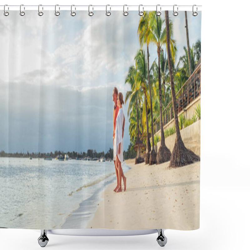 Personality  Couple In Love Hugging On Sandy Exotic Beach While Having Evening Walk By Trou-aux-Biches Seashore On Mauritius Island Enjoying Sunset. People Relationship And Tropic Honeymoon Vacations Concept Image Shower Curtains