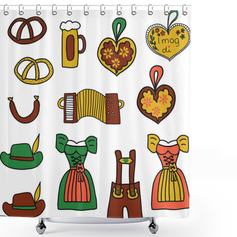 Personality  Oktoberfest Vector Icon Set. Oktoberfest Doodle Illustration. Traditional German Icons. Bavarian Beer, Lederhosen, Dirndl, Gingerbread Heart, Sausage, Pretzels, Accordion Shower Curtains