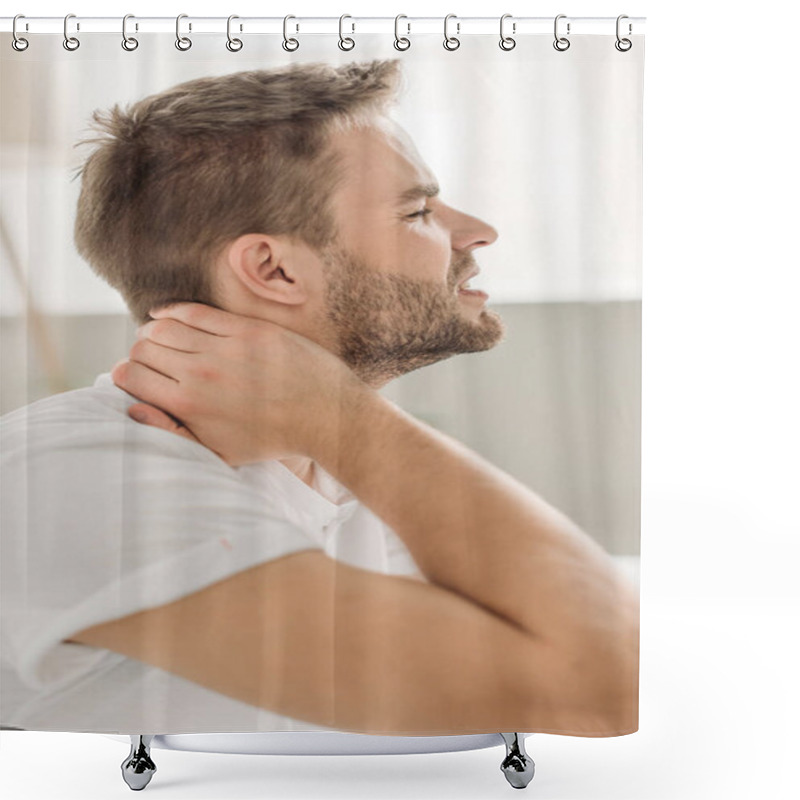 Personality  Side View Of Young Man Touching Neck While Suffering From Pain With Closed Eyes Shower Curtains