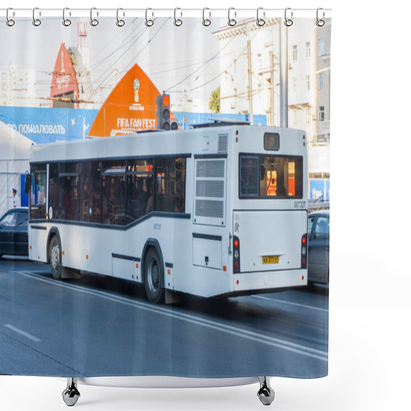 Personality  Rostov-on-Don / Russia - June 2018: The City's Large White Bus Travels Through The Streets In The City Center And Carries Football Fans During The World Cup 2018 Shower Curtains