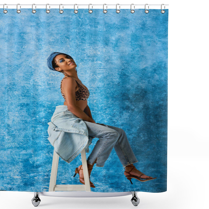 Personality  Positive African American Woman With Vivid Makeup And Beret Wearing Jeans And Denim Shirt While Sitting On Chair On Blue Textured Background, Stylish Denim Attire Shower Curtains