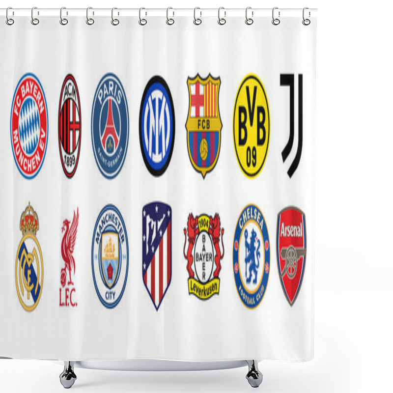 Personality  Vinnitsa, Ukraine - Fabruary 07, 2023: Top European Football Club Logo Icon Set. Vector Editorial Illustration Shower Curtains