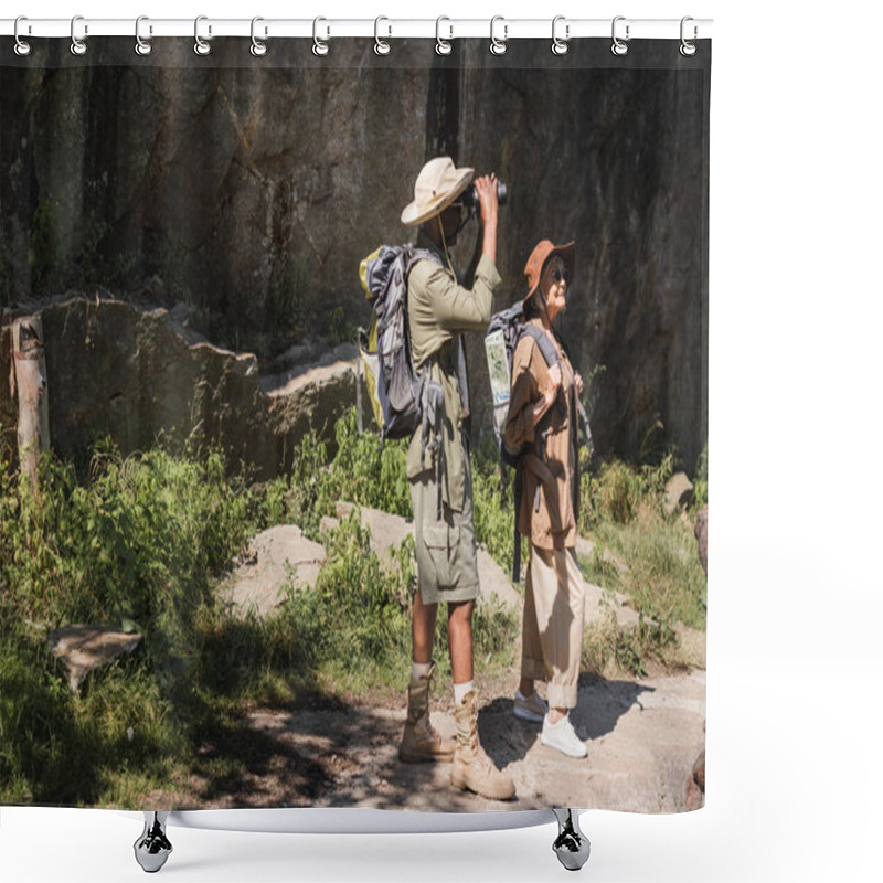 Personality  African American Man Looking Though Binoculars Near Wife With Backpack And Cliff Shower Curtains