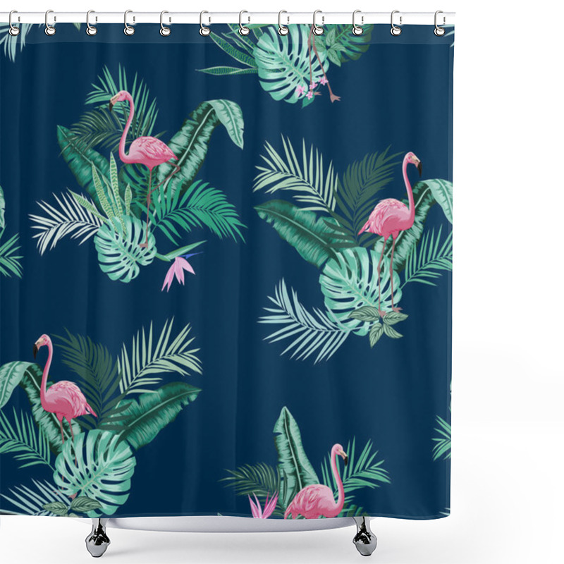 Personality  Vectors Seamless Lush Tropical Leaves Pattern With Pink Flamingos, Vertical Orientation, Exotic Plants And Birds, Monstera Leaves, Banana Leaf, Areca Palm Leaves, Bird Of Paradise, Flowers. Conversational Design Shower Curtains