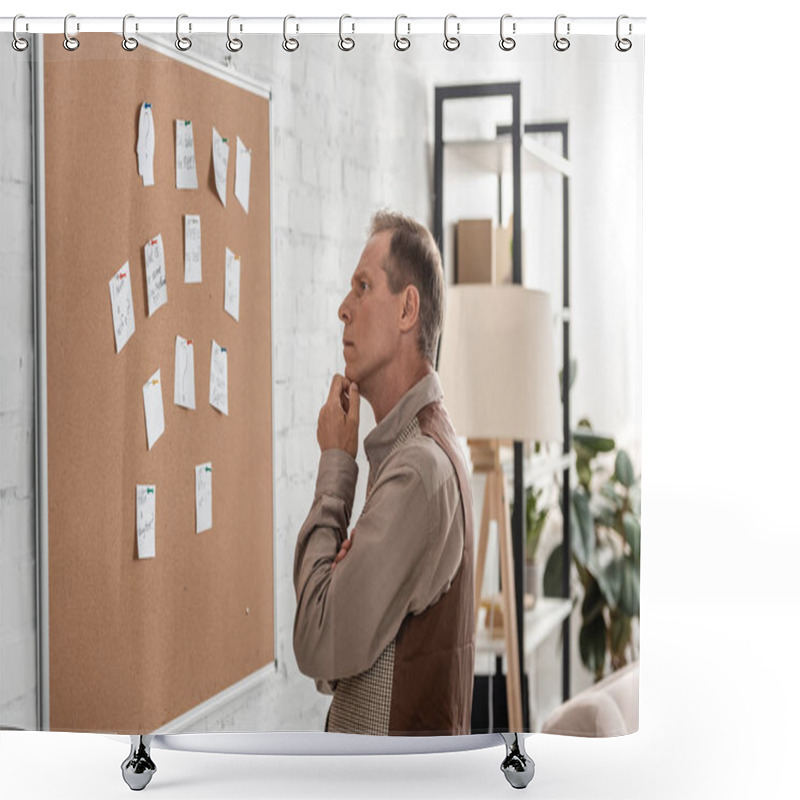 Personality  Pensive Retired Man With Alzheimer Looking At Board With Papers  Shower Curtains