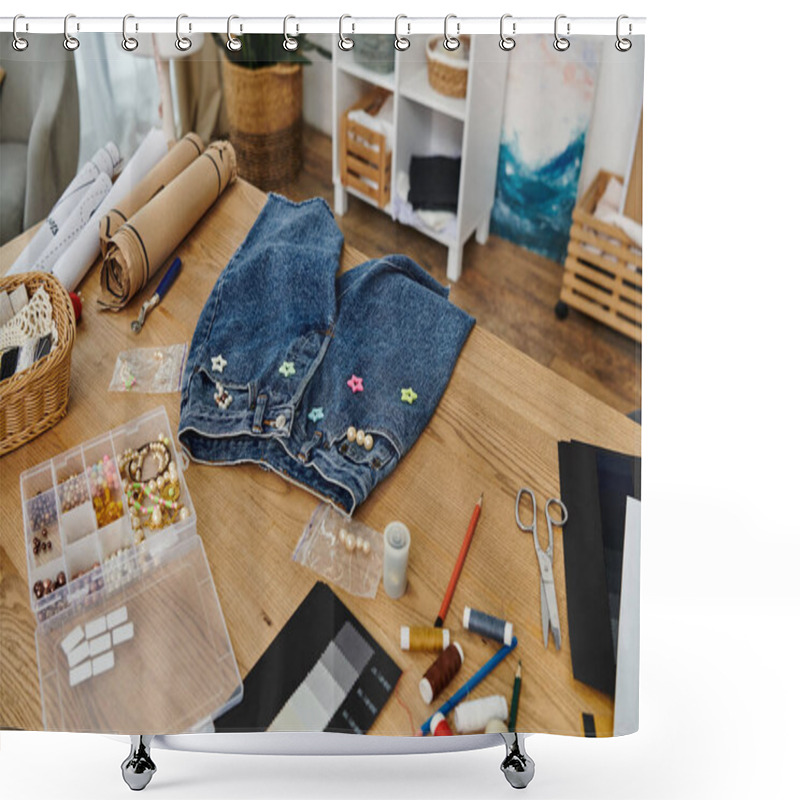 Personality  Upcycling Of Clothes On A Cluttered Wooden Table With An Eco-friendly Concept. Shower Curtains