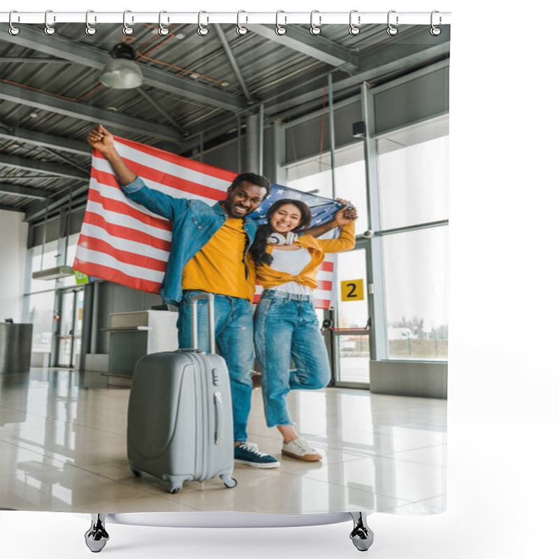 Personality  Smiling African American Couple With American Flag And Luggage Walking  In Departure Lounge In Airport  Shower Curtains