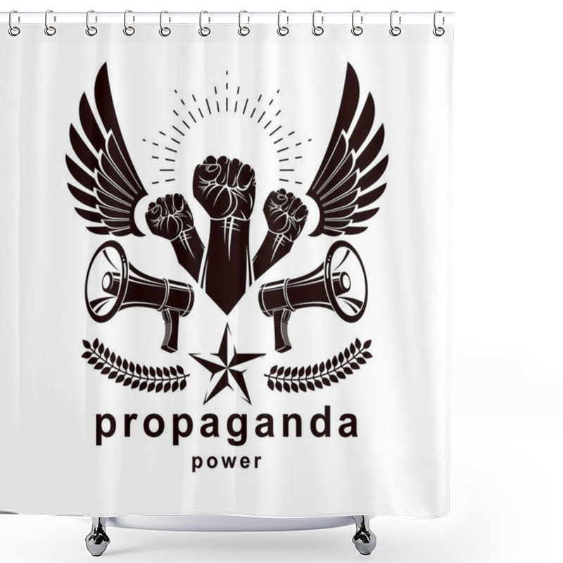 Personality  Vector Advertising Poster Created Using Clenched Fists Raised Up, Bird Wings And Loudhailer Equipment. Propaganda As The Means Of Manipulation And Control. Shower Curtains