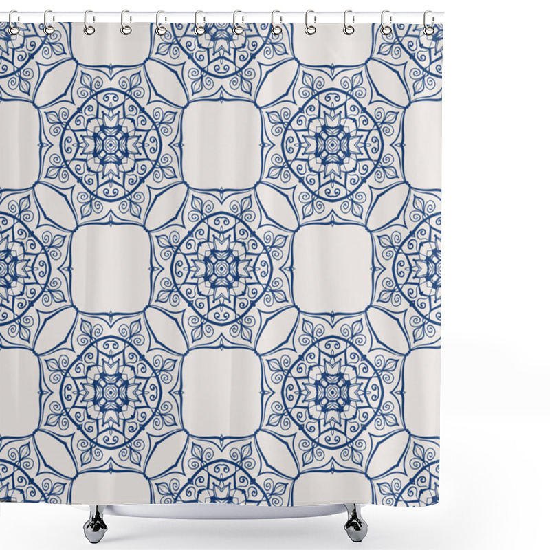 Personality  Vintage Tile Pattern. Seamless Blue And White Background With Abstract Flower Design Elements. Symmetric Oriental Tiles. Azulejo Vector Ornament Shower Curtains