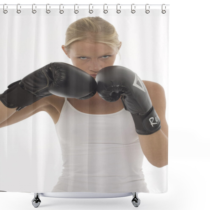 Personality  Portrait Of A Young Caucasian Woman Who Does Kick Boxing With Boxing Gloves Shower Curtains