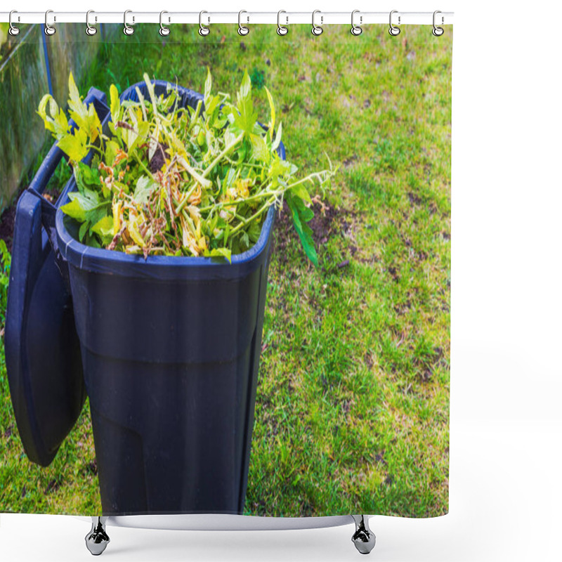 Personality  Close Up View Of Black Garbage Bin Filled With Garden Waste, Including Plant Clippings, On Grassy Lawn. Sweden. Shower Curtains