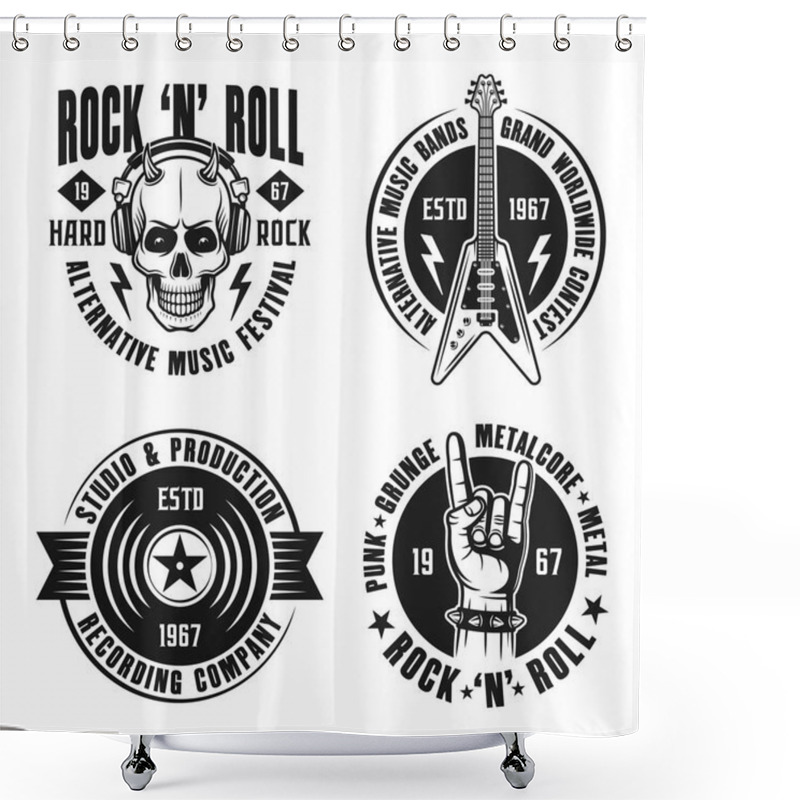 Personality  Rock N Roll Music Set Of Vector Emblems, Labels, Badges And Logos In Vintage Style On White Shower Curtains