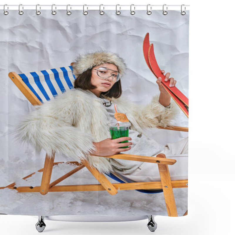 Personality  Glamour Asian Woman In Faux Fur  Jacket In Deck Chair With Cocktail And Skis On White Backdrop Shower Curtains