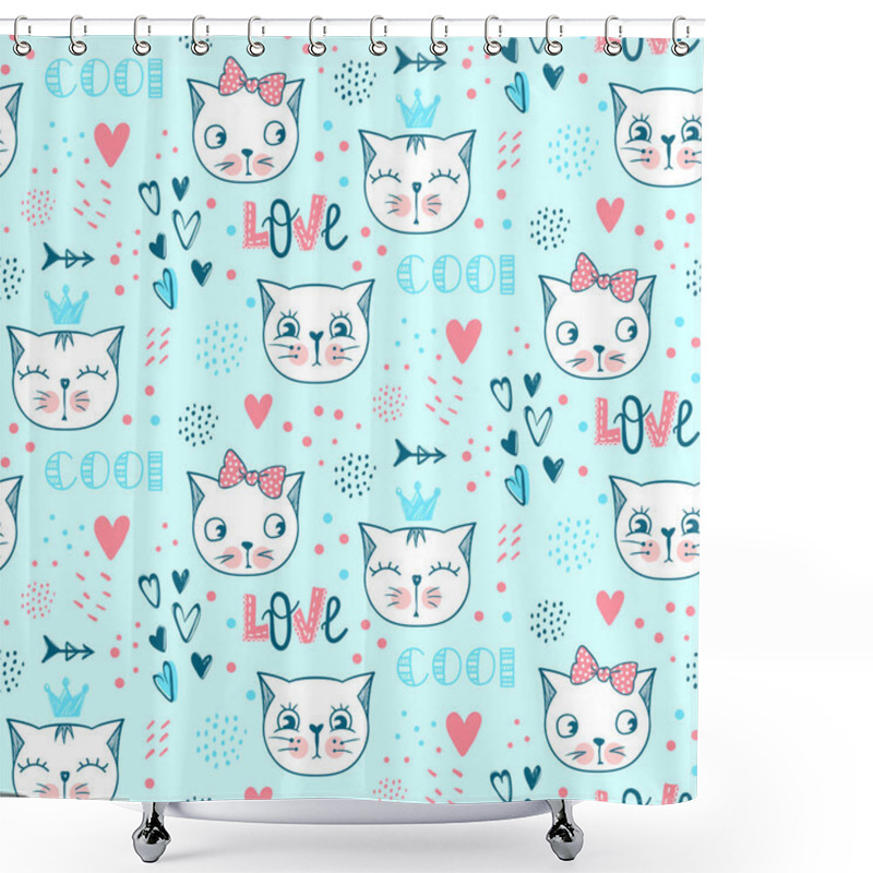 Personality  Vector Fashion Cat Seamless Pattern. Cute Kitten Illustration Shower Curtains