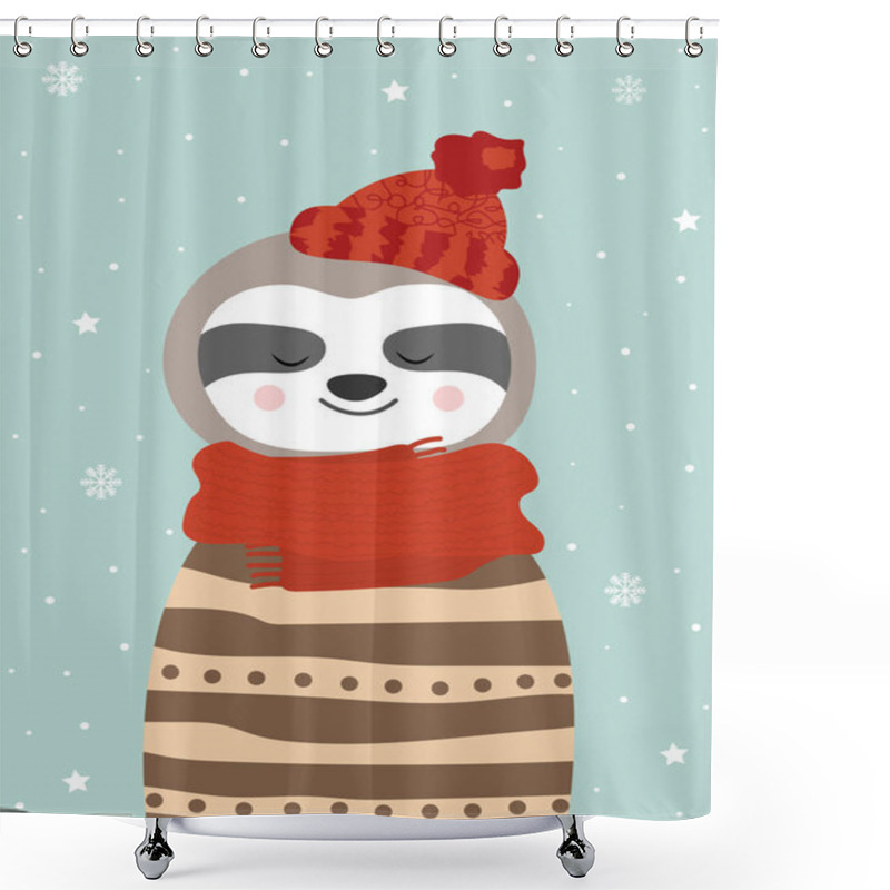 Personality  Cute Winter Smiling White Sluggard With Snowflakes. Cartoon Zoo. Vector Illustration. Animal For The Design Of Children Products In Scandinavian Style. Shower Curtains