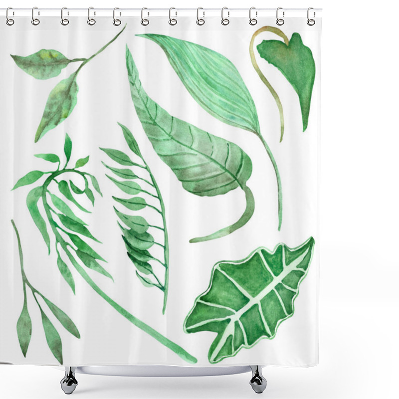 Personality  Watercolor Hand Painted Nature Tropical Plants Set With Green Different Jungle Leaves And Branches Collection Isolated On The White Background For Design Elements And Cards Shower Curtains