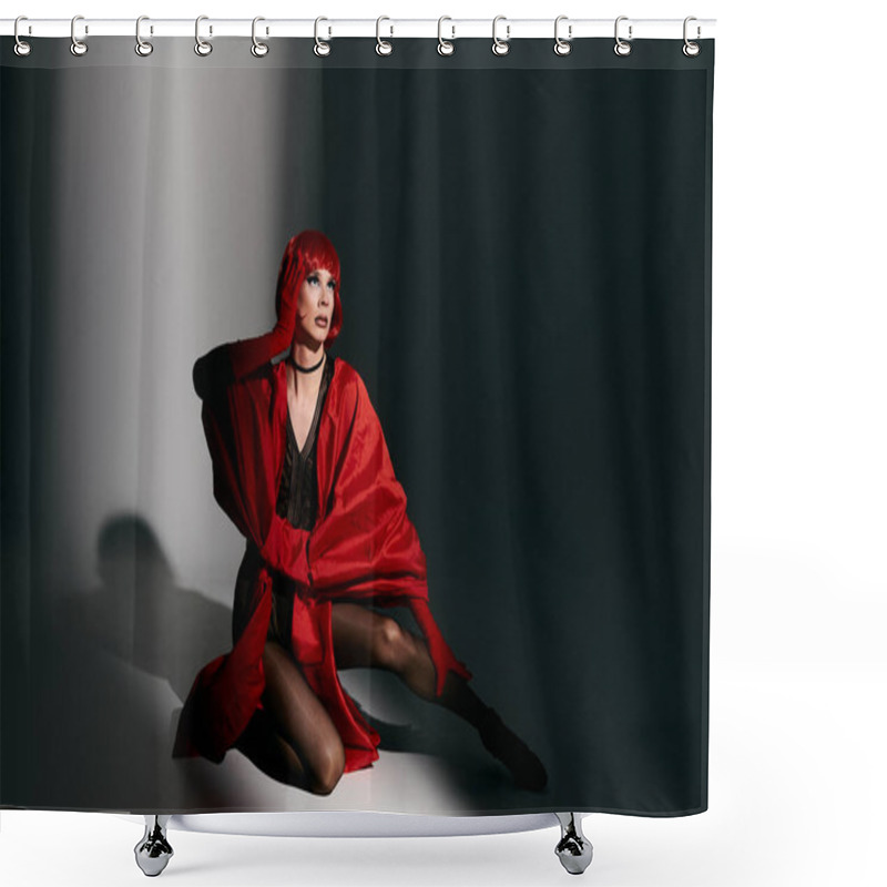 Personality  An Attractive Drag Queen Exudes Confidence While Striking A Pose In Vibrant Red Attire. Shower Curtains